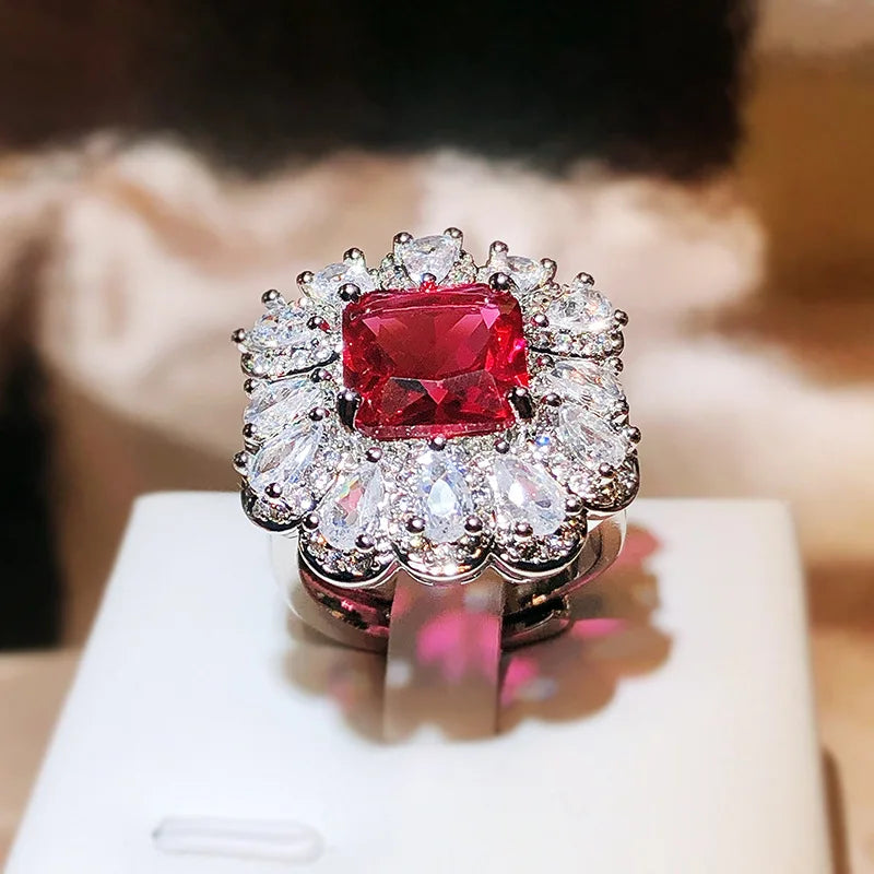 Red Zircon Paraiba Ring 925 Silver | Simple Geometry Cocktail Ring for Women