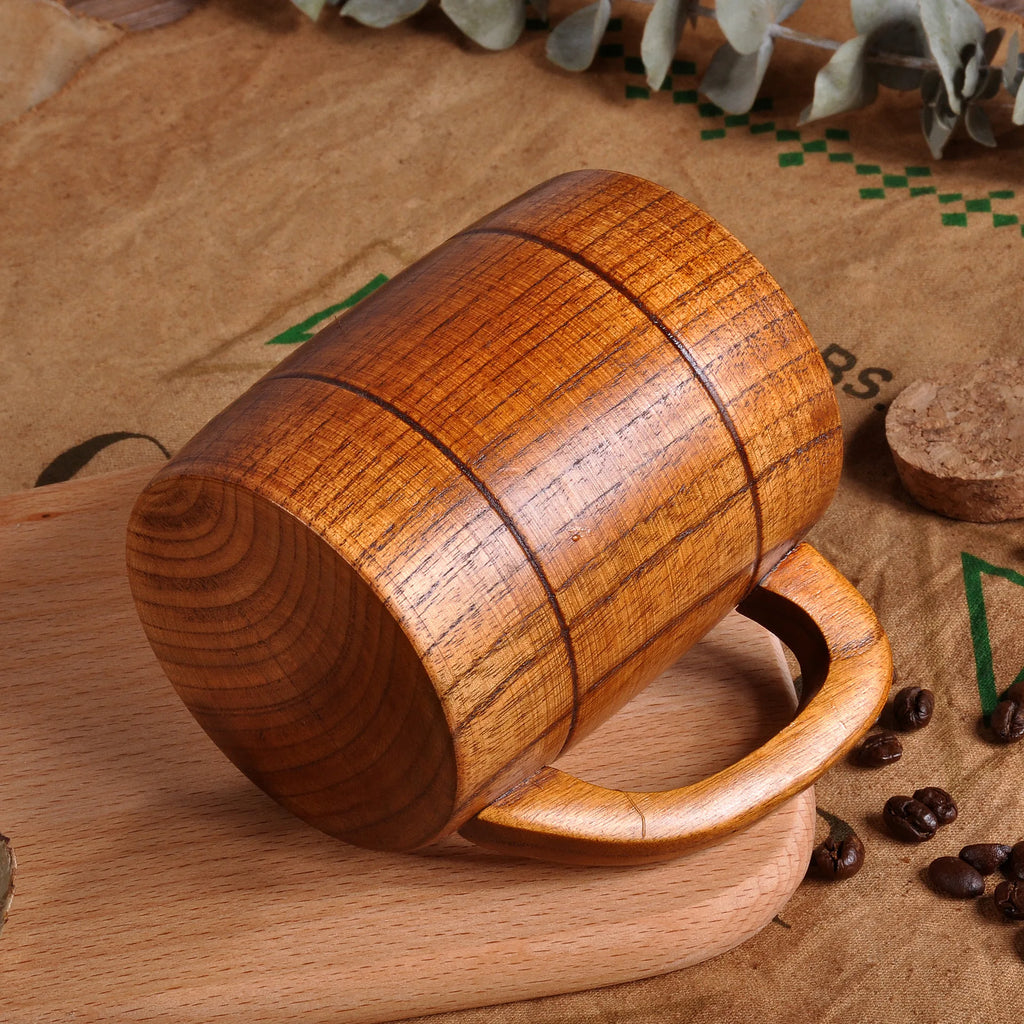 Handcrafted Wooden Coffee Mug | 320ml Natural Solid Wood Beer Cup with Handle