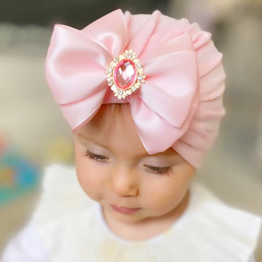 Solid Color Baby Turban Bow Beanie with Rhinestone | Handmade Infant Cap for Girls 0-2 Years