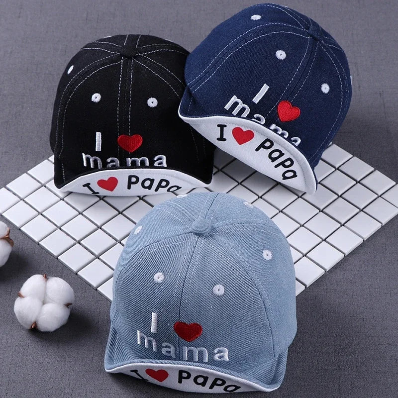 Baby Denim Baseball Cap with I Love Mama Lettering | Summer Hat for Boys and Girls