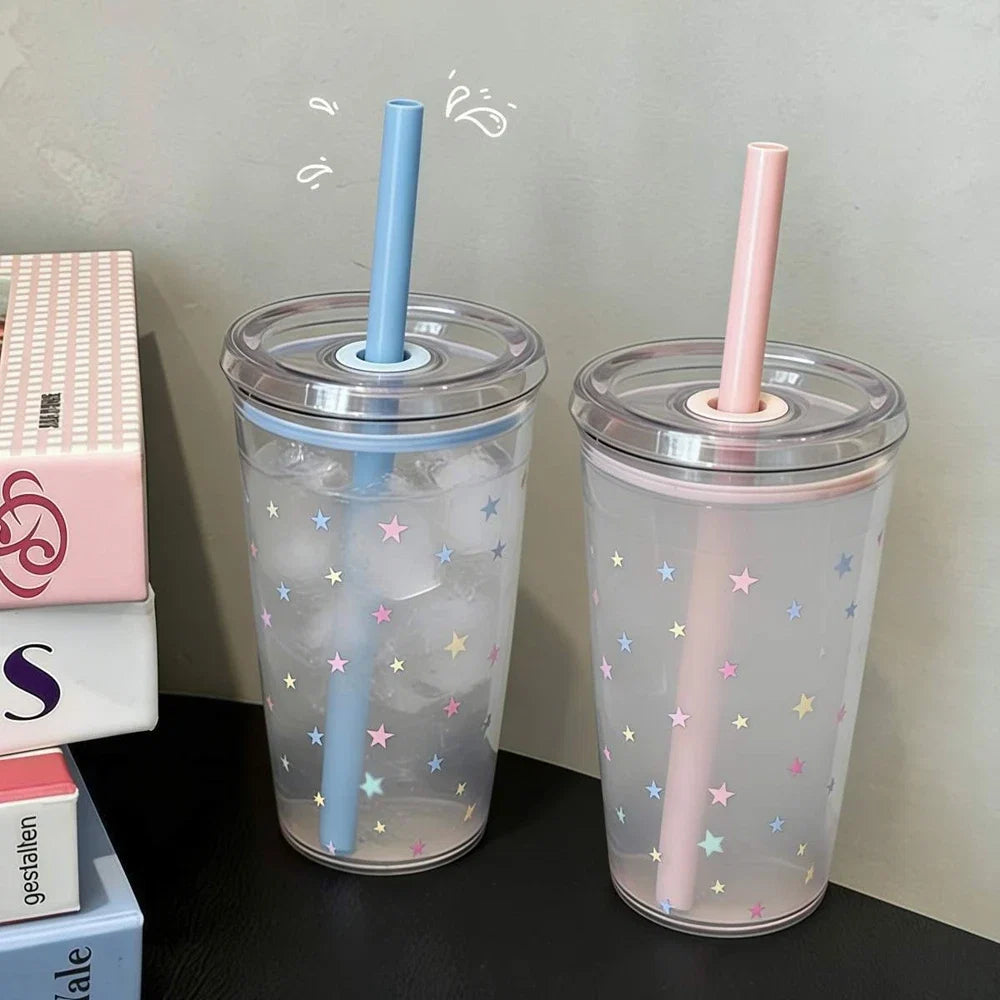 450ml Korean Style Straw Cup | Transparent Multi-Color Plastic Coffee Cup