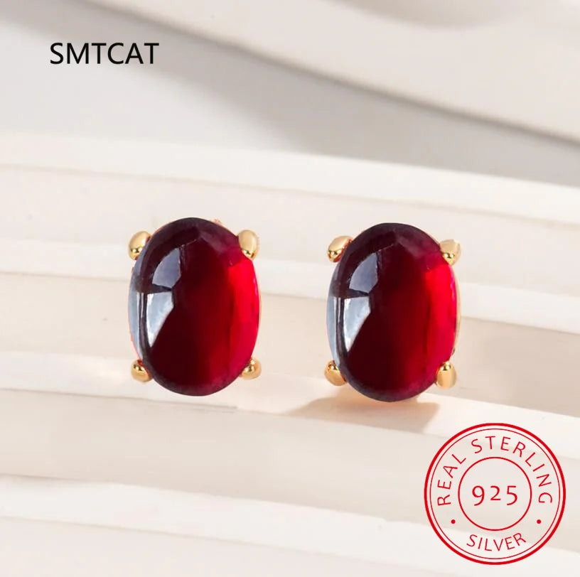 Oval Cut Red Garnet 925 Sterling Silver Stud Earrings | Women's Fashion Gemstone Jewelry
