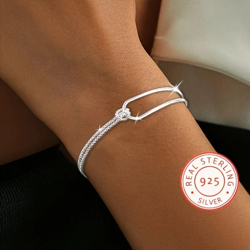 925 Sterling Silver Bracelet | Light Luxury Minimalist Half-Bangle Half-Chain Jewelry
