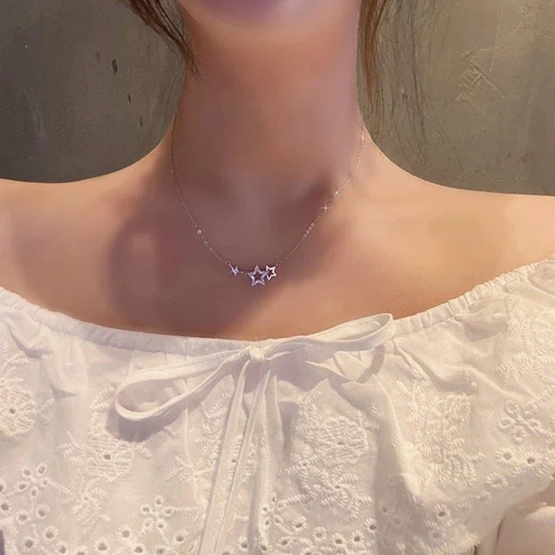 925 Silver Star Necklace for Women | Sweet Cute Zircon Pendant Choker