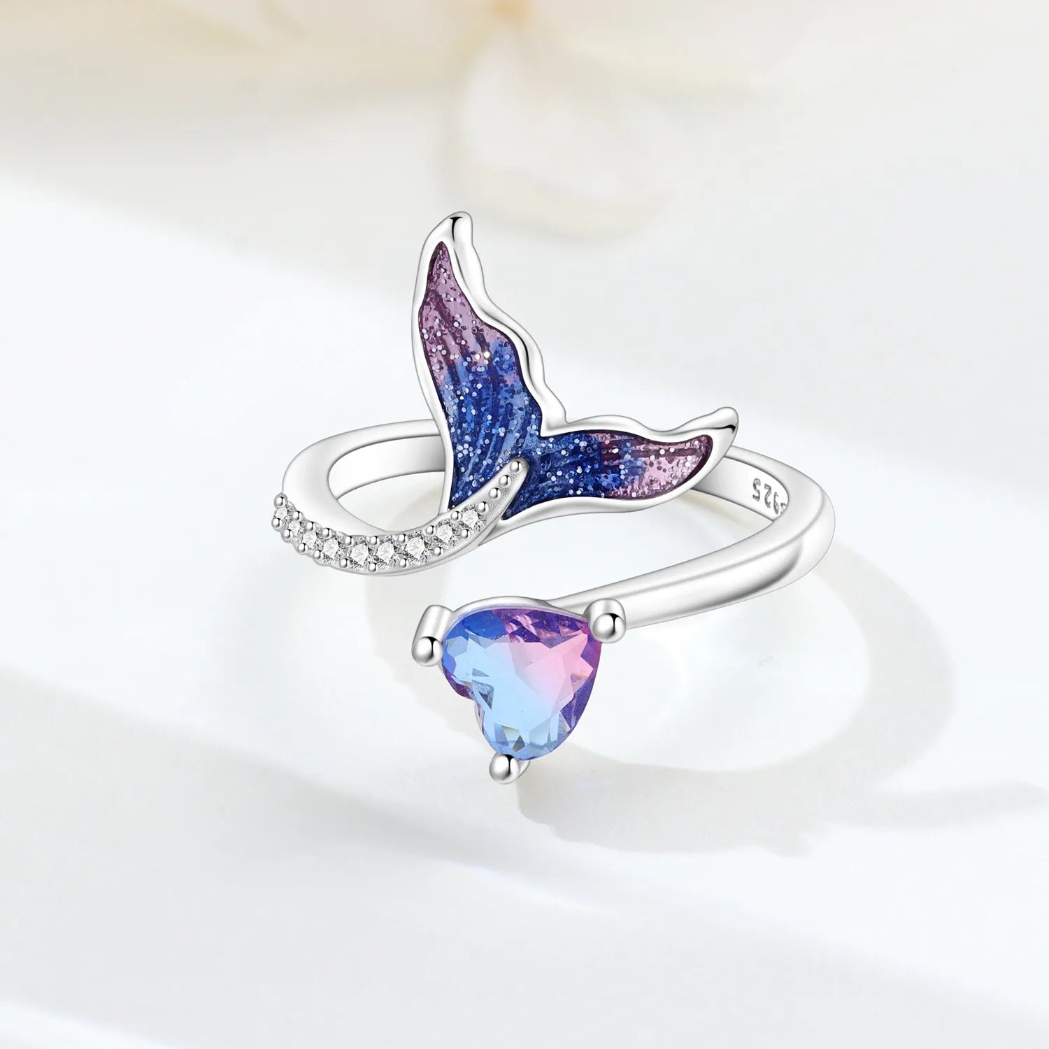 925 Sterling Silver Open Ring Adjustable Mermaid Heart Zircon Ring | Women's Fine Jewelry