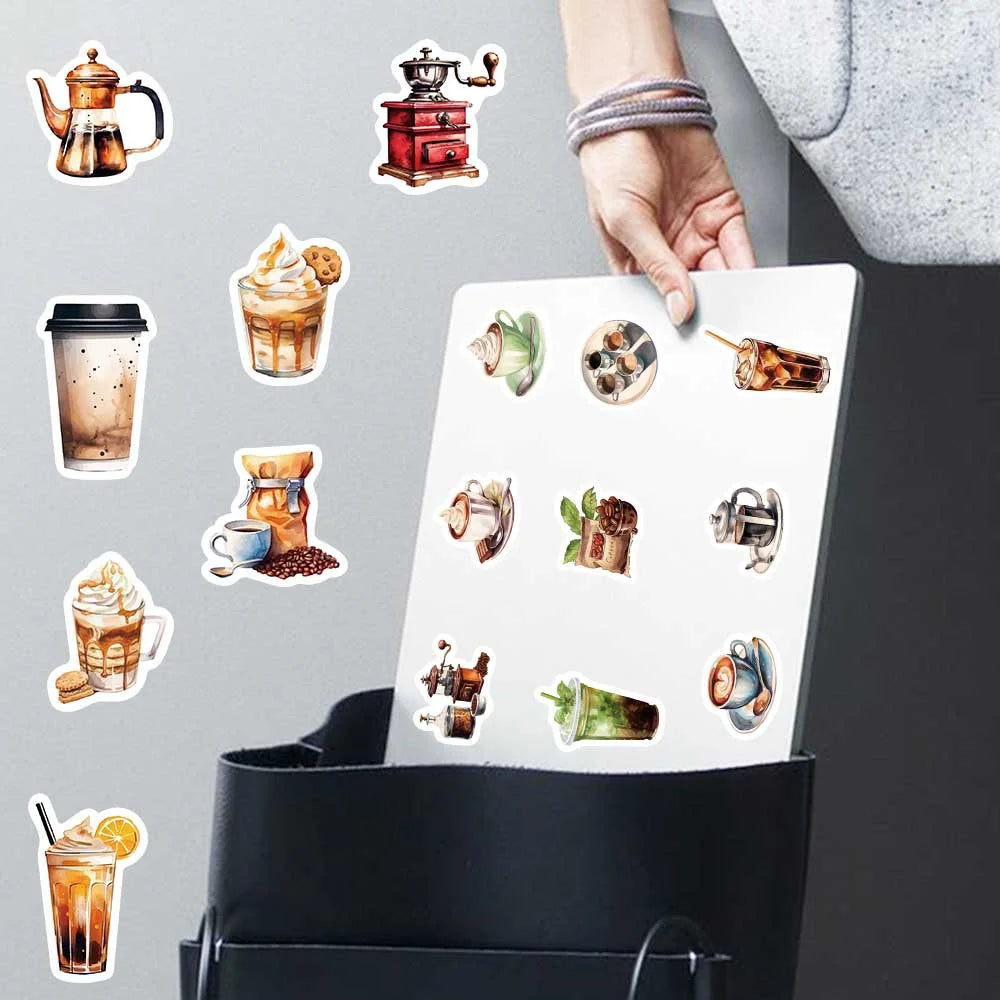 Coffee Lover Cartoon Sticker Pack | 50 Waterproof Decals for Laptop Helmet