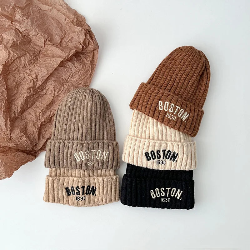 Boston Knitted Baby Hat with Letter Design | Winter Ear Protection Cap