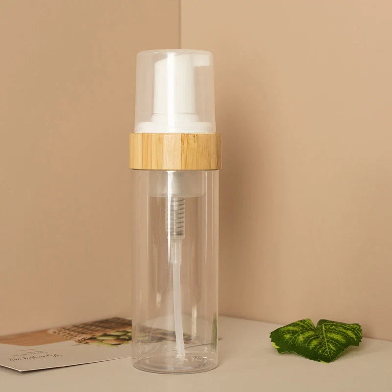 150ml Refillable Bamboo Foam Pump Bottle | Travel Size Empty Dispenser for Face Cleaner and Shampoo
