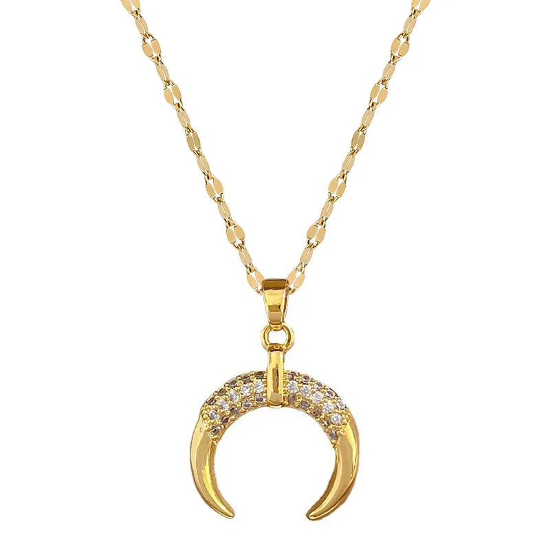 Stainless Steel Crescent Moon Pendant Necklace | Vintage Gold Choker Jewelry for Women