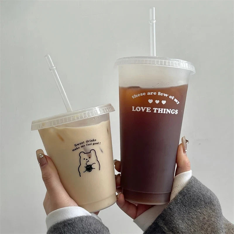 Cute Kawaii Water Bottle | Reusable Plastic Tumbler with Straw Lid for Coffee Juice Tea