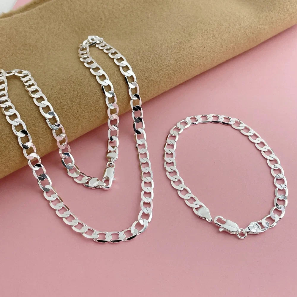 925 Sterling Silver 6mm Cuban Link Necklace and Bracelet Set | Unisex Classic Jewelry