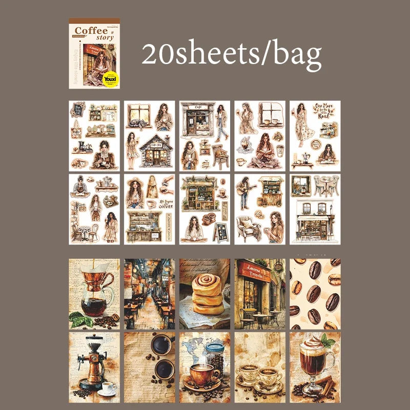 Coffee Sticker Book for DIY Scrapbooking | 20pcs Cafe Story Series