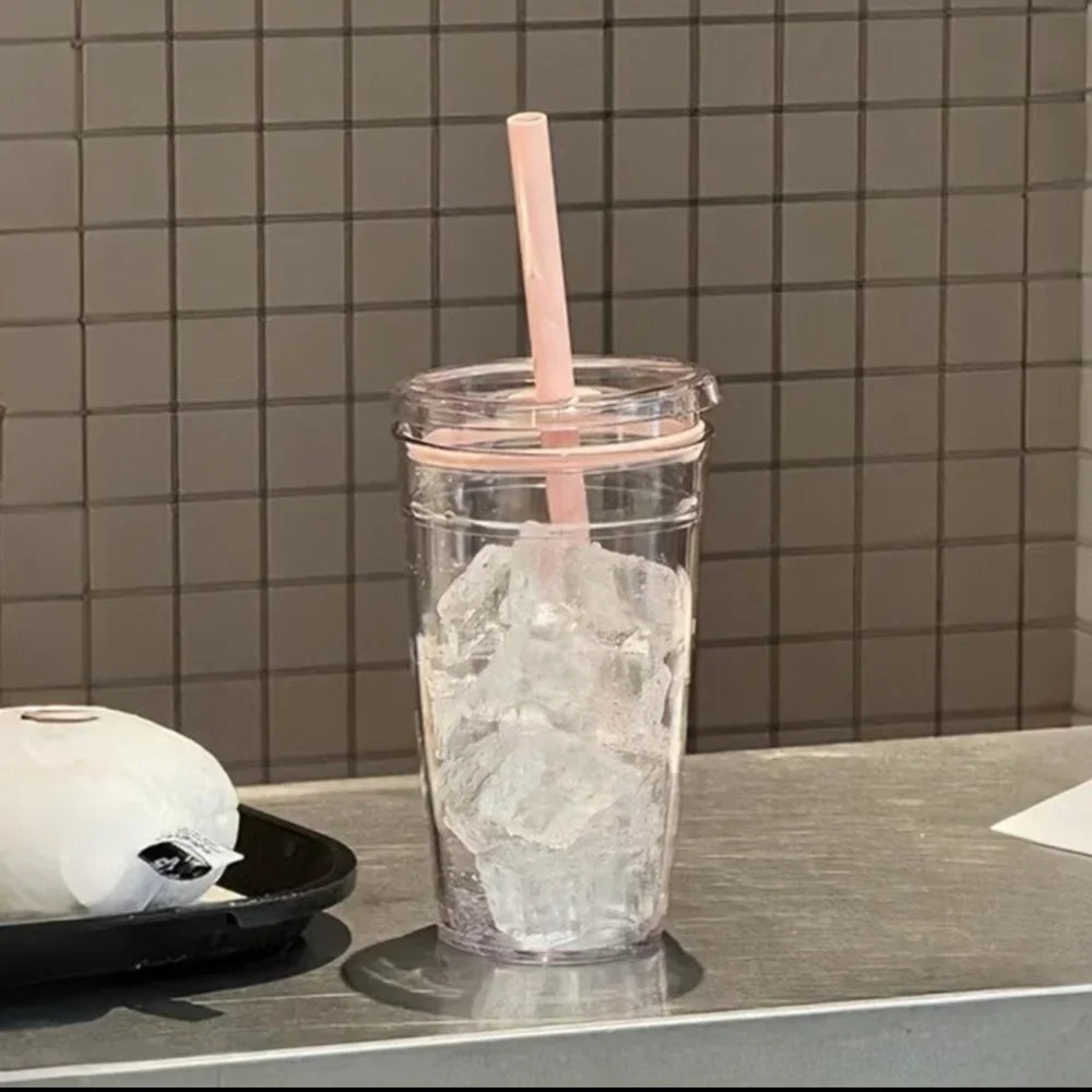 450ml Korean Style Straw Cup | Transparent Multi-Color Plastic Coffee Cup