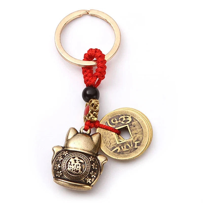 Handmade Brass Feng Shui Coins Keychain | Lucky Cat Car Keychain with Five Emperors Money