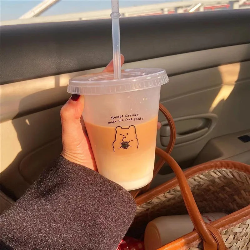 Cute Kawaii Water Bottle | Reusable Plastic Tumbler with Straw Lid for Coffee Juice Tea