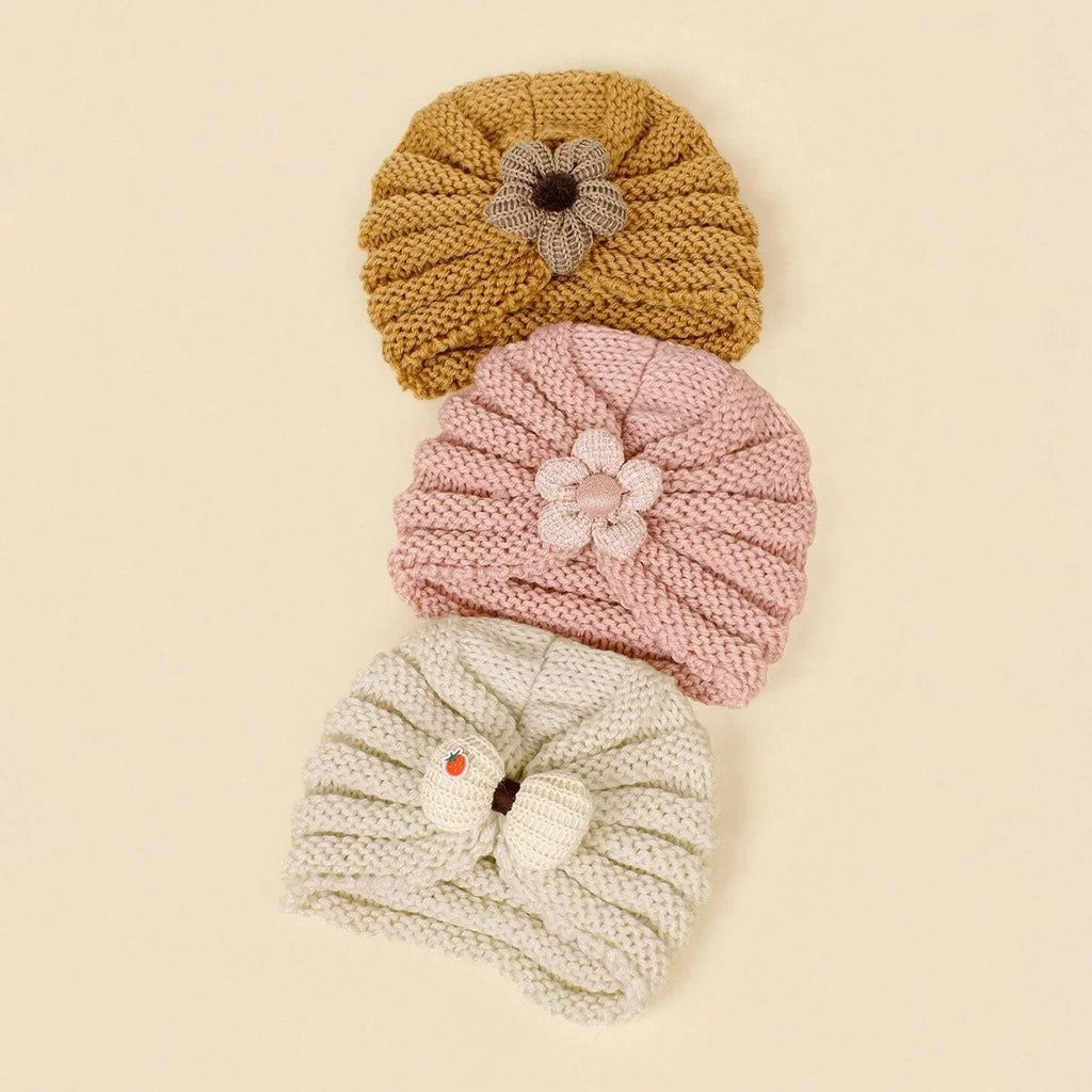 Baby Crochet Turban Hat with Flower Decor | Winter Warm Knit Headwrap for Infant Girls