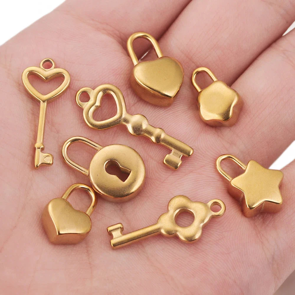 Gold Plated Heart Lock Key Pendant Set | 5pcs Stainless Steel Charms for DIY Jewelry