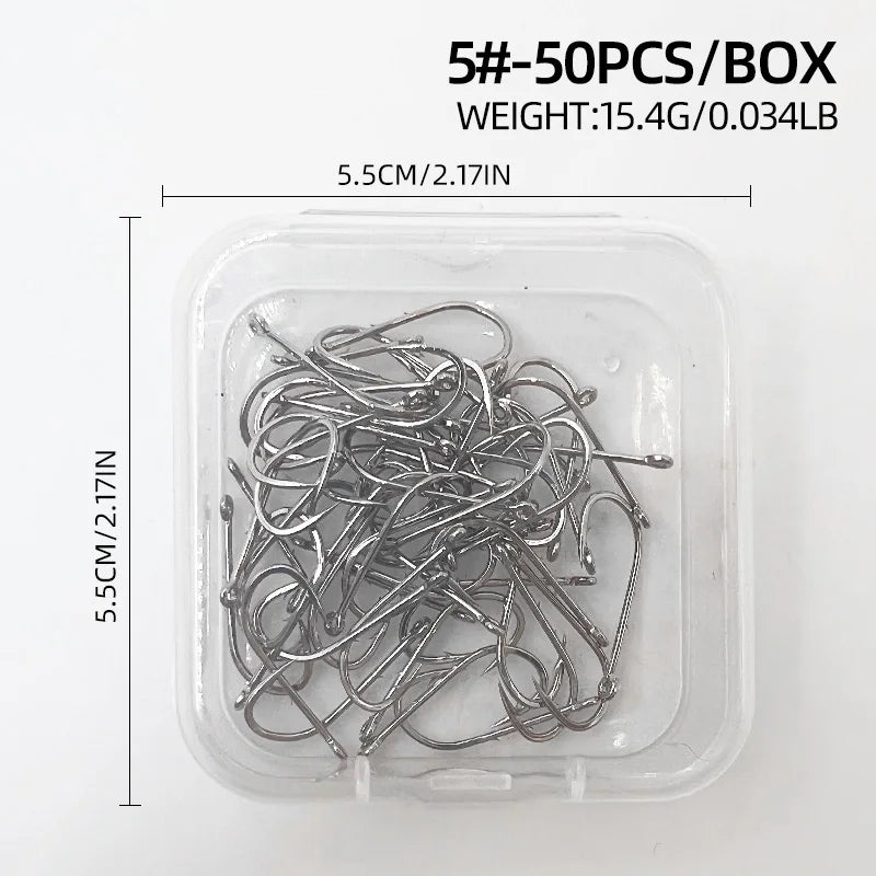 ShareShark 50-Piece High Carbon Steel Fishing Hooks with Barbed Curved Mouth | Long Shank Saltwater Hooks