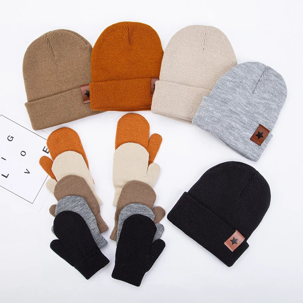 Baby Knitted Hat and Glove Set | Solid Winter Turban with Leather Star Tag