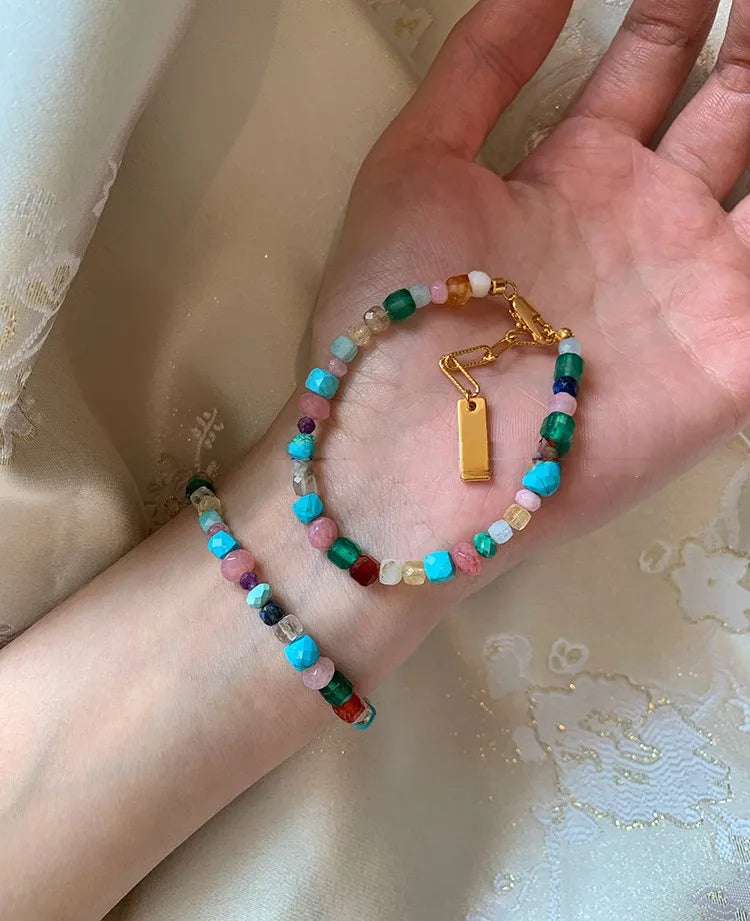 Imitate Colorful Natural Stone Beaded Necklace | Women's Sweet Fashion Jewelry Set with Pendant