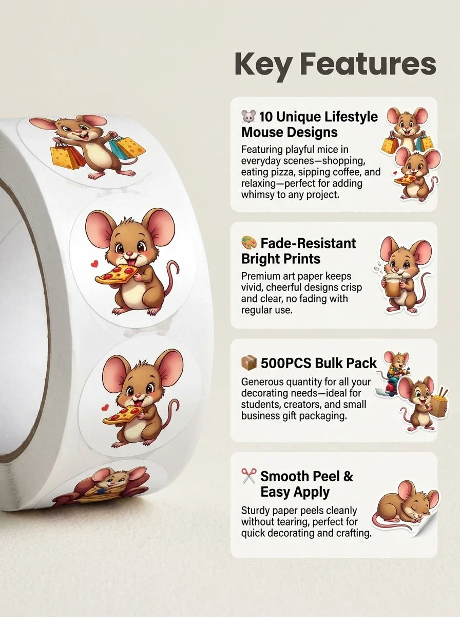 City Mouse Happy Life Stickers Roll 500Pcs | Cute Seal Labels for DIY Decor
