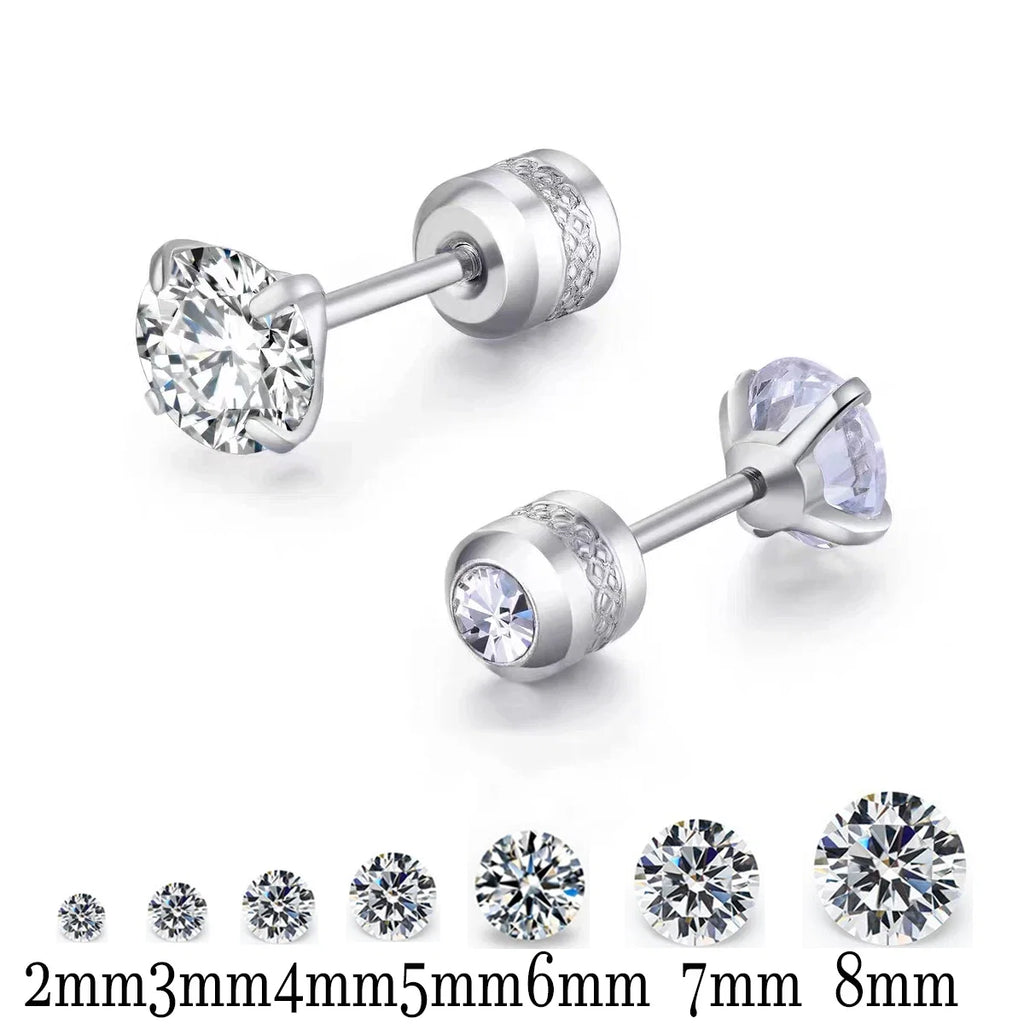 Stainless Steel Titanium Stud Earrings | 4 Color CZ Crystal Screw Back Earrings for Women