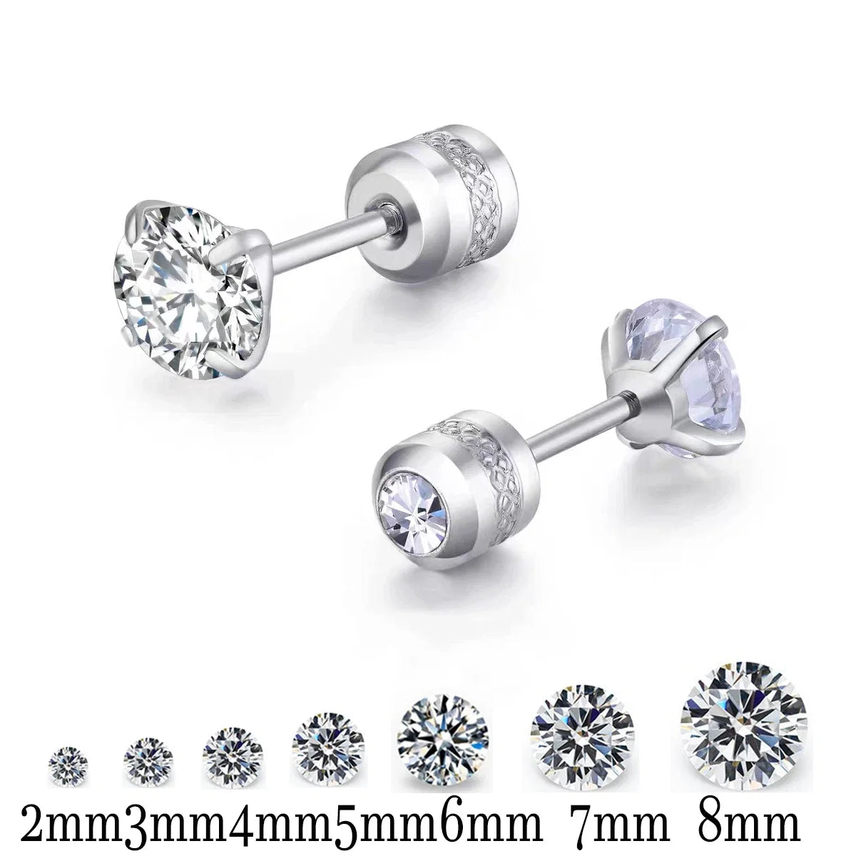 Stainless Steel Titanium Stud Earrings | 4 Color CZ Crystal Screw Back Earrings for Women