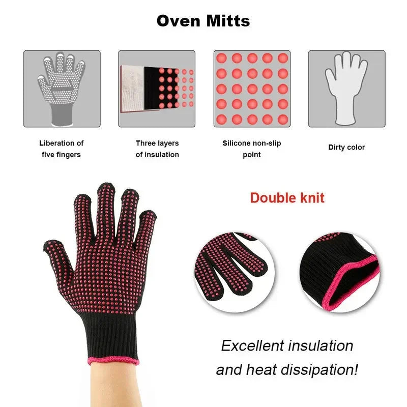 1 Pair Heat Resistant Oven Gloves | Cut Resistant Non Slip Silicone BBQ Gloves for Kitchen and Grill