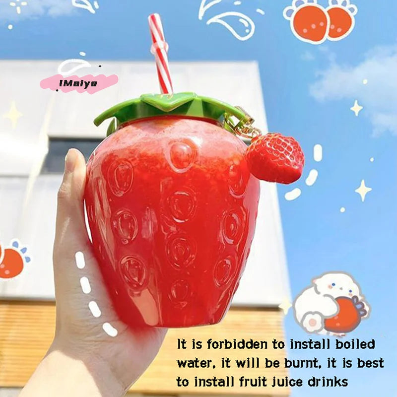 Strawberry Water Bottle 500ml | Cute Reusable Straw Cup for Home and Outdoor Use