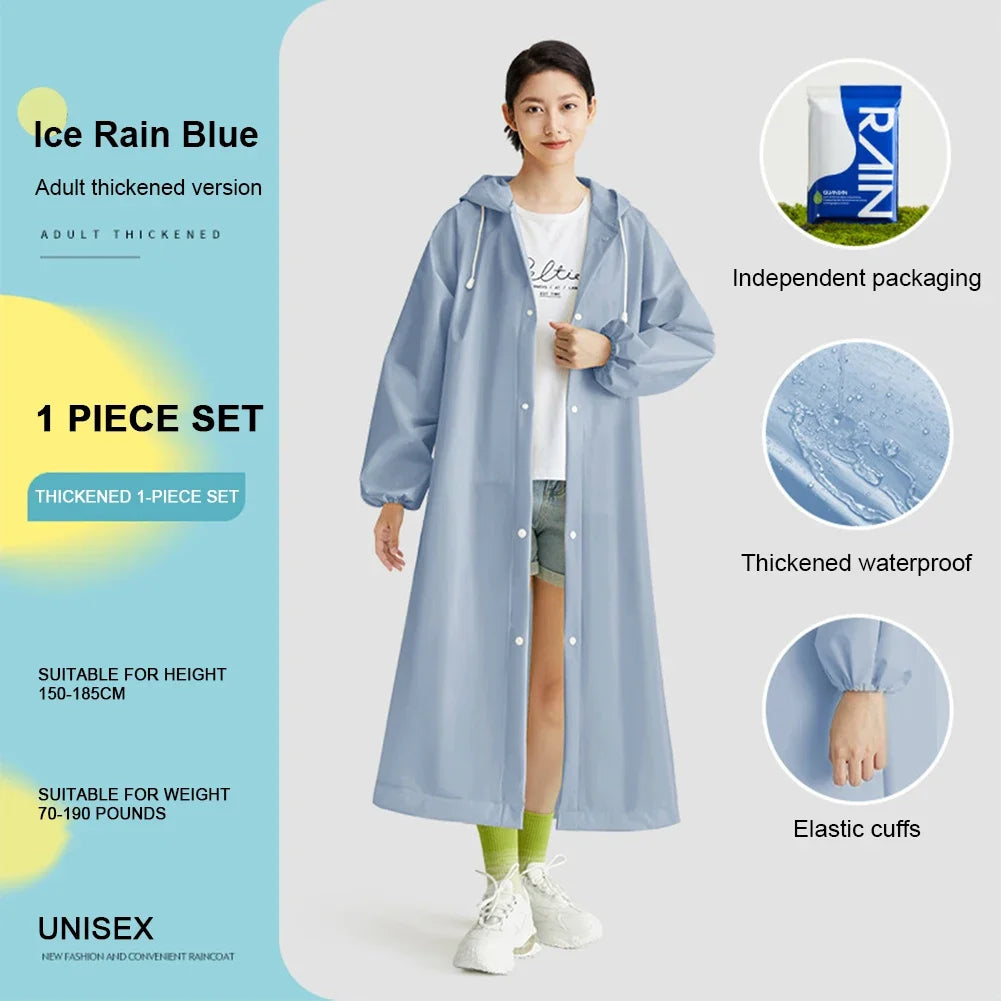 Adult Long Raincoat | Reusable Waterproof Windproof Hooded Rain Gear for Hiking and Travel