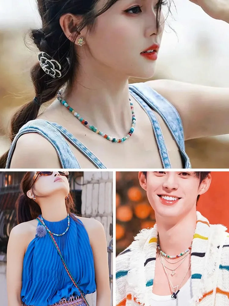 Imitate Colorful Natural Stone Beaded Necklace | Women's Sweet Fashion Jewelry Set with Pendant