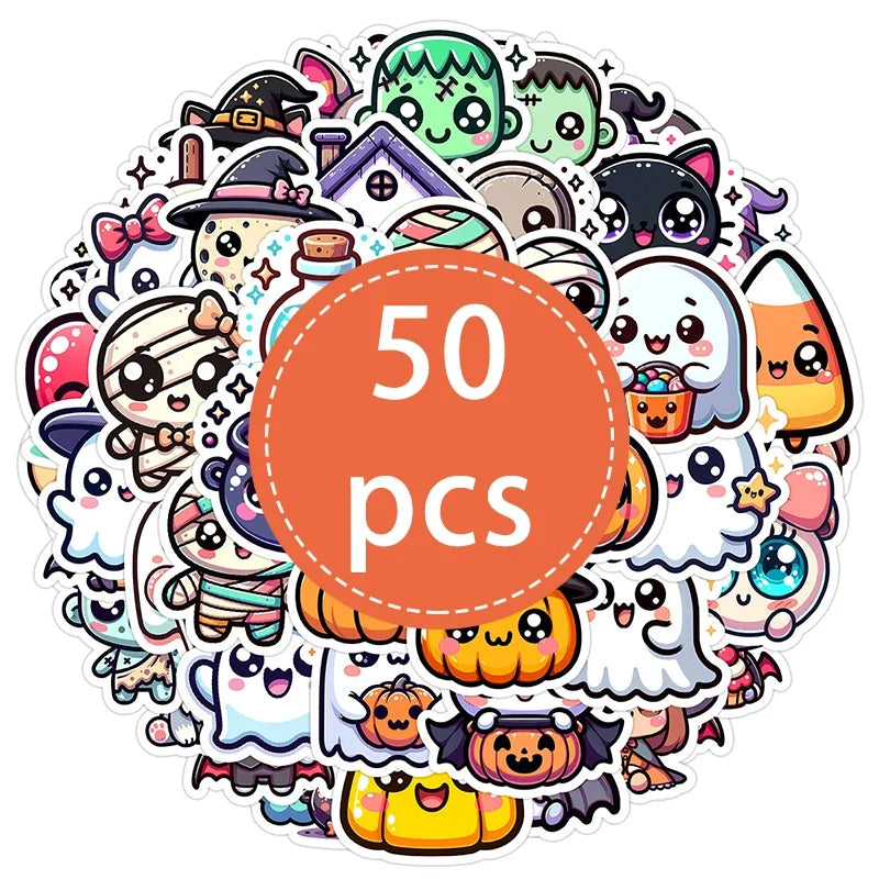 50PCS Halloween Stickers Cute Cartoon Cat Pumpkin Fun Holiday Decals Pack | Vinyl Waterproof Scrapbook Stickers