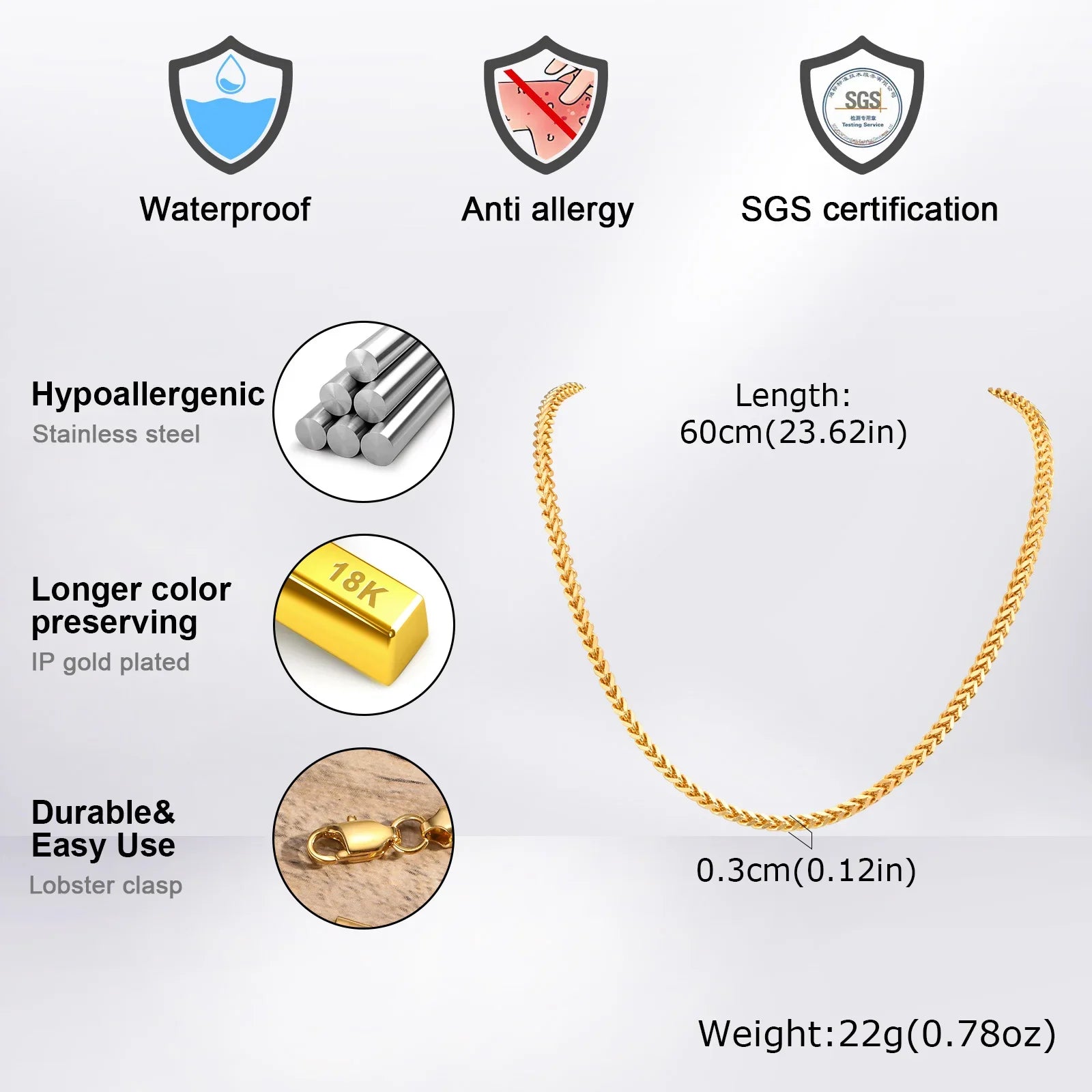 Men's Franco Chain Necklace | 3MM Thick Stainless Steel Gold Necklace