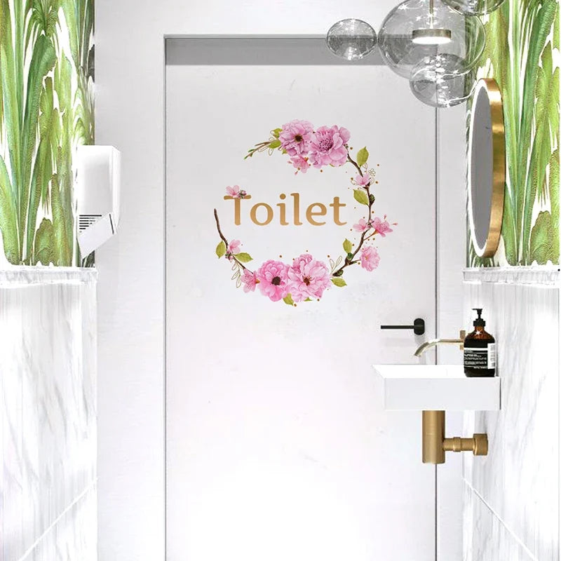Flower Toilet Door Wall Stickers | Elegant Bathroom Decor Signs