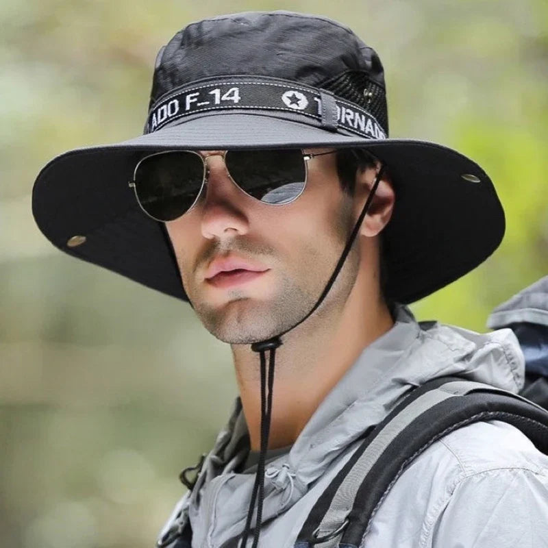 Windproof Men Outdoor Hat | Wide Brim Flat Top Fisherman Hat with Letter Print and Anti-UV Strap
