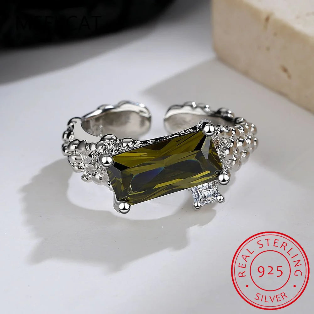 Emerald Cut Green Peridot Ring | 925 Sterling Silver Adjustable Statement Jewelry