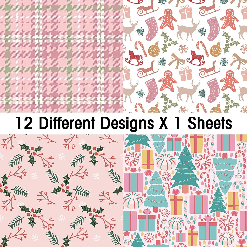 12pcs Retro Christmas Scrapbook Paper | Christmas Tree Design Single Sided DIY Craft Paper for Journal Card Making Gift Decoration