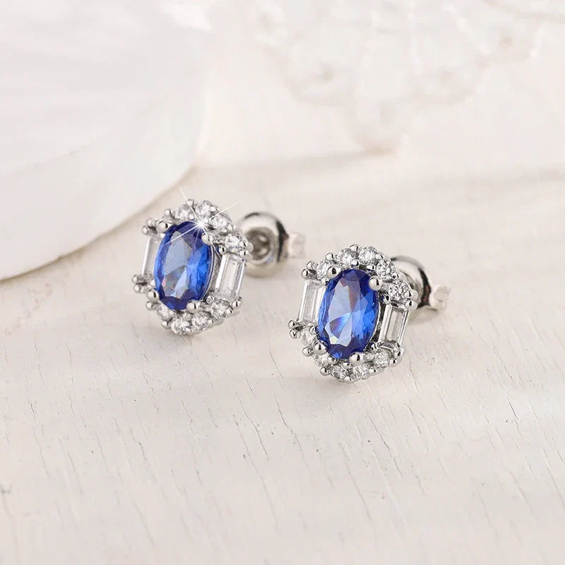 S925 Sterling Silver Sapphire Stud Earrings | Women's Fine Jewelry Gift