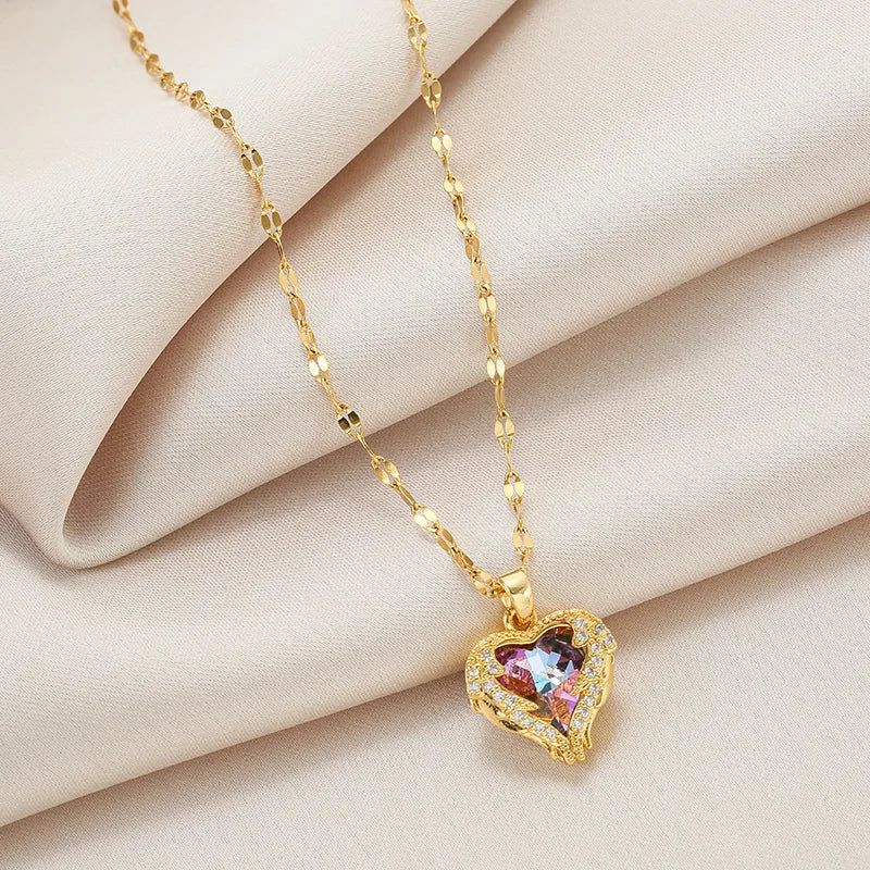 Stainless Steel Crystal Heart Pendant Necklace | Ocean Blue Jewelry for Women