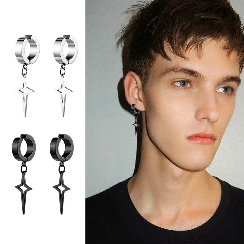 Stainless Steel Punk Star Hoop Earrings | Clip-On Earrings for Men and Women