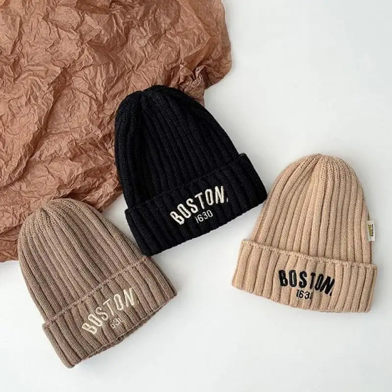 Boston Knitted Baby Hat with Letter Design | Winter Ear Protection Cap