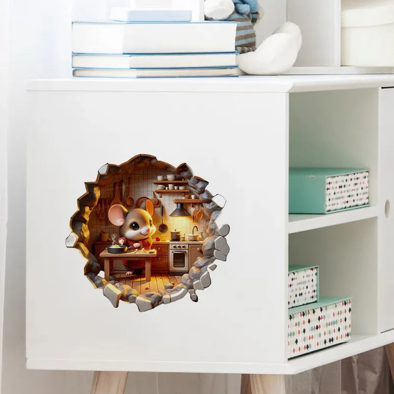 Cute Cartoon Mouse Hole Wall Sticker | Funny Rats Decals for Kids Bedroom Decoration