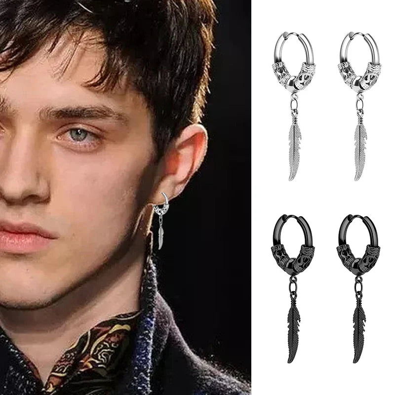 2Pcs Stainless Steel Feather Leaf Coil Earrings Set | Unisex Punk Hoop and Stud Jewelry