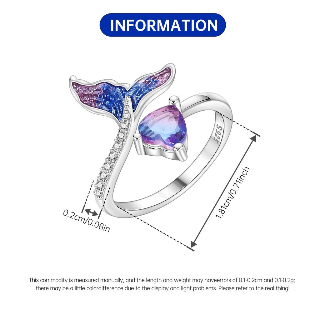 925 Sterling Silver Open Ring Adjustable Mermaid Heart Zircon Ring | Women's Fine Jewelry