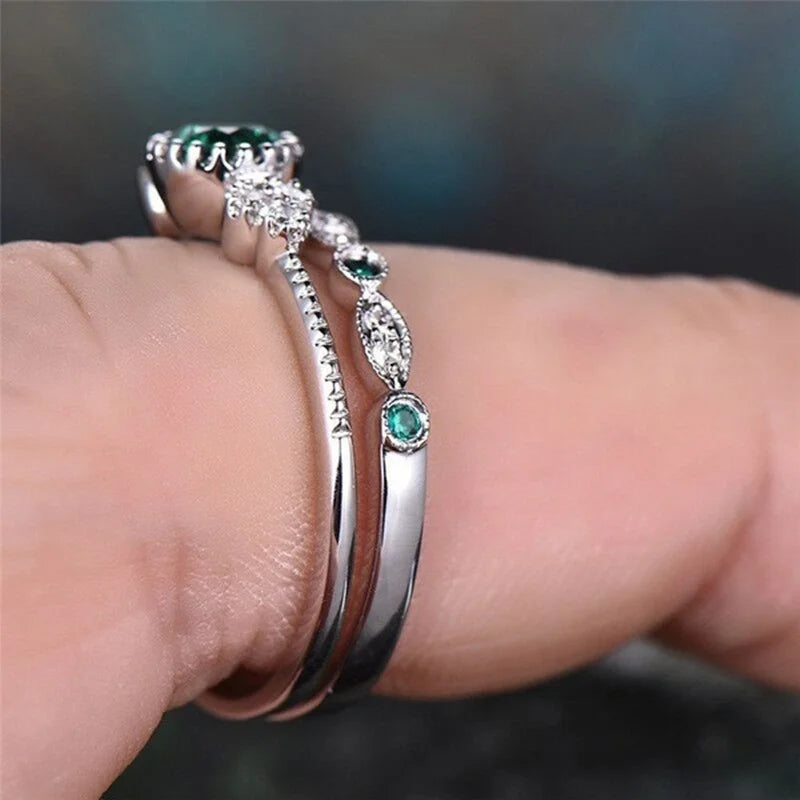 925 Sterling Silver Ring Set with Emerald Zircon Crystals | Women's Wedding Engagement Jewelry