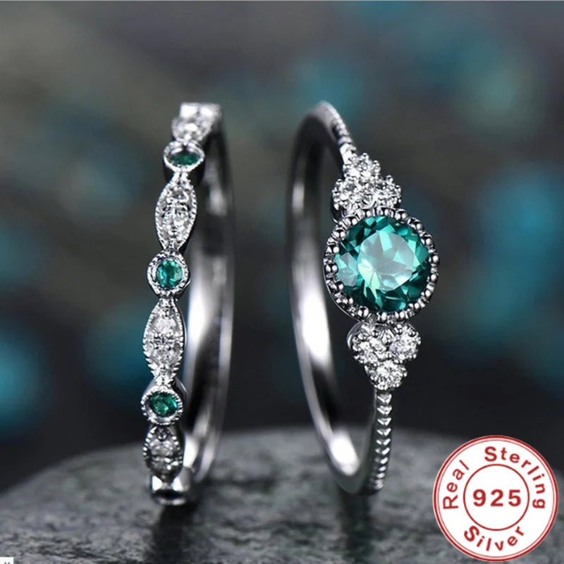 925 Sterling Silver Ring Set with Emerald Zircon Crystals | Women's Wedding Engagement Jewelry