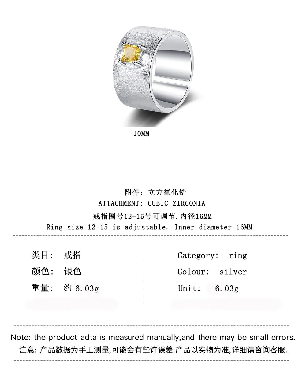 Real 925 Sterling Silver Square Citrine Gemstone Frosted Wide Opening Ring | Women Wedding Party Fine Jewelry