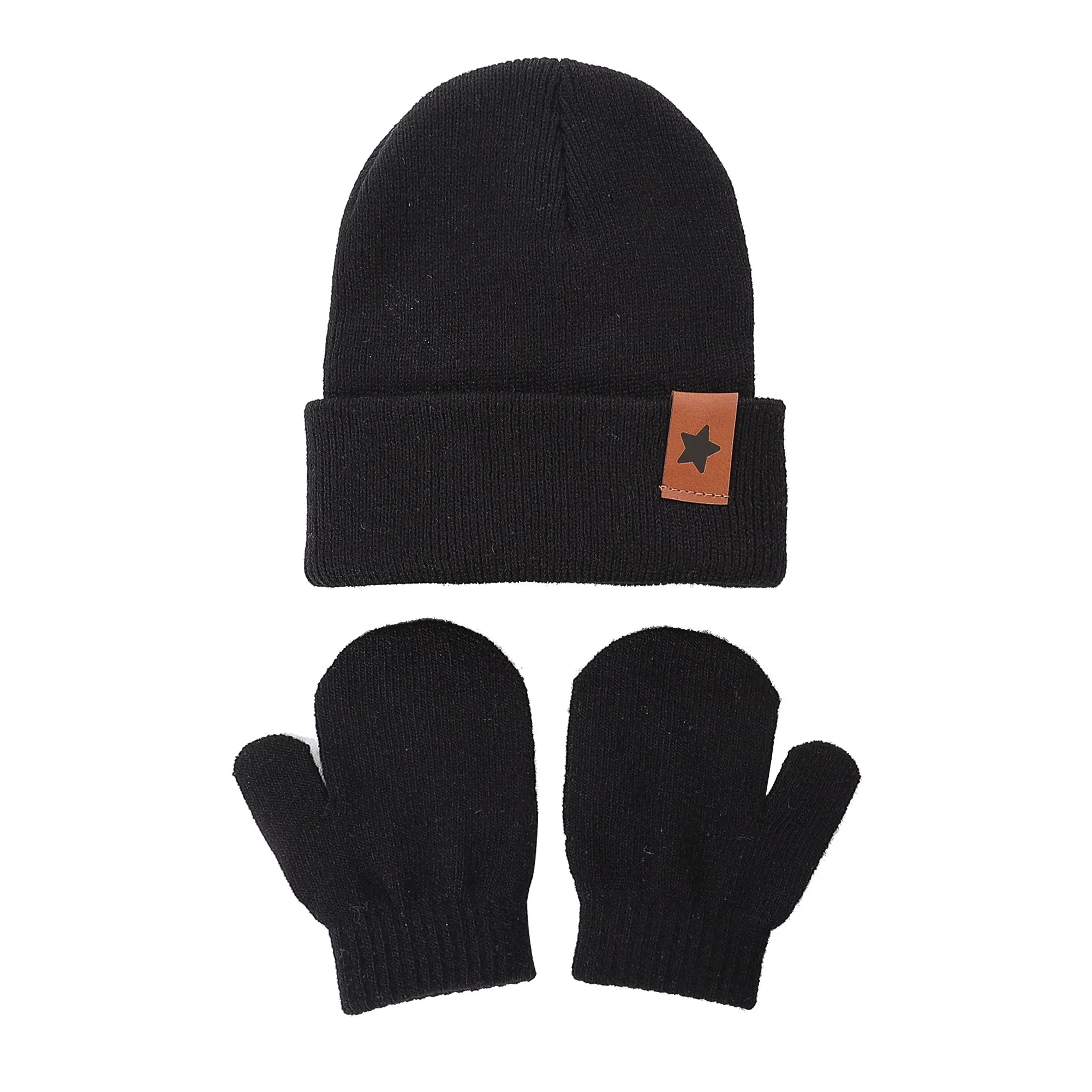 Baby Knitted Hat and Glove Set | Solid Winter Turban with Leather Star Tag