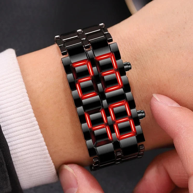 Men's Digital Lava LED Watch | Full Metal Sport Watch with Red Blue Display