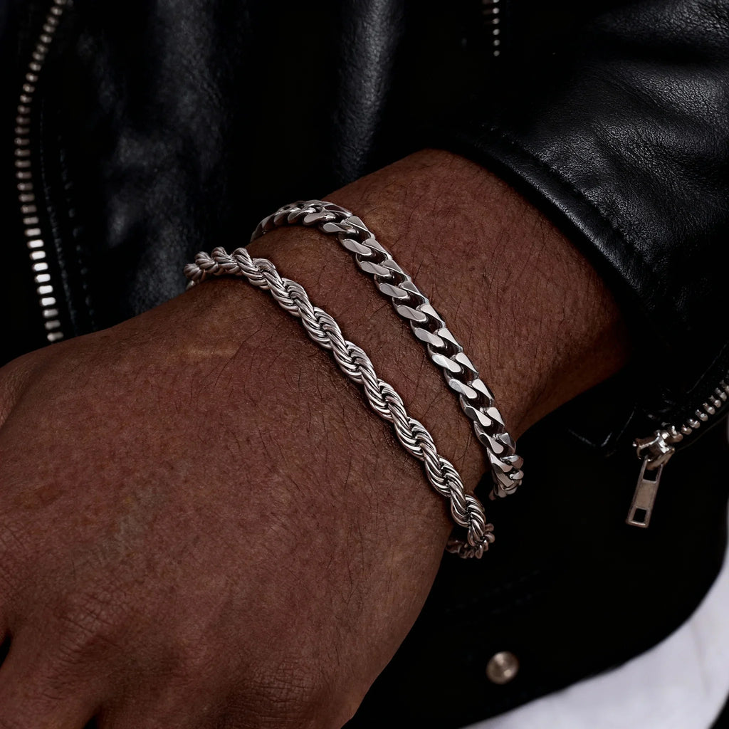 Men's Stainless Steel Chain Bracelets Set | 2pcs Silver Gold Black Twist Rope & Cuban Link
